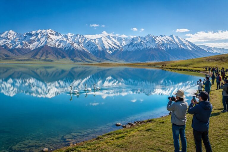 Snowy mountain range reflected in a blue lake with swans swimming near the shore, while visitors photograph the scene on a grassy bank.