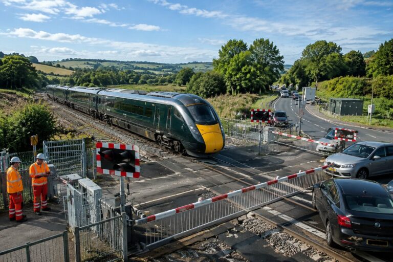 Green high-speed train crosses a level crossing as cars queue behind red-and-white barriers on a sunny day, with two workers in orange safety gear nearby.