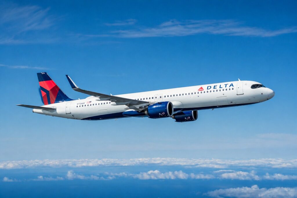Delta Air Lines jet cruising above the clouds, white fuselage with blue tail and red chevron logo visible on the tail.