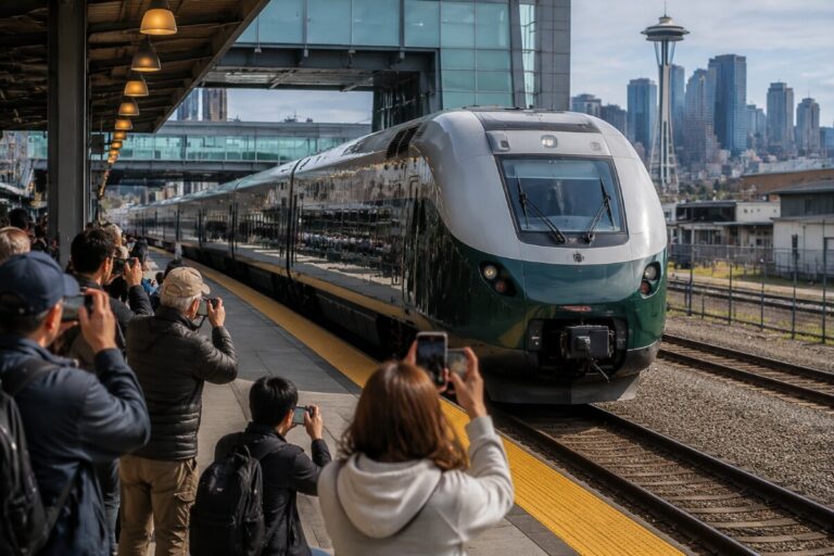 Crowd on a train platform photographing a modern green and silver locomotive with a city skyline in the background.
