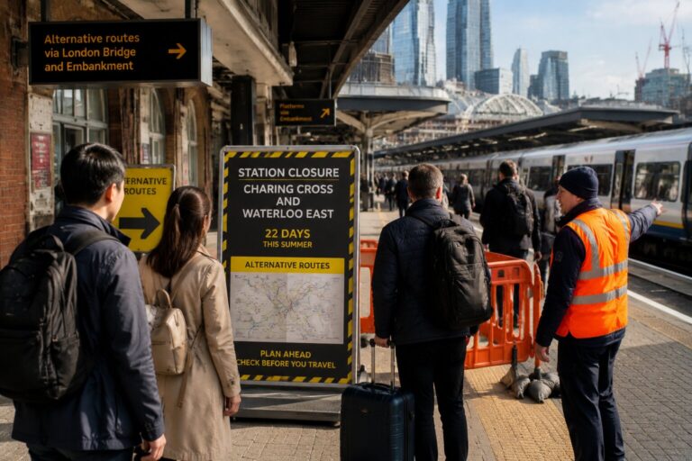 Railway platform with a large black 'Station Closure' sign; workers and passengers with luggage, orange-vested staff directing travelers to alternative routes.