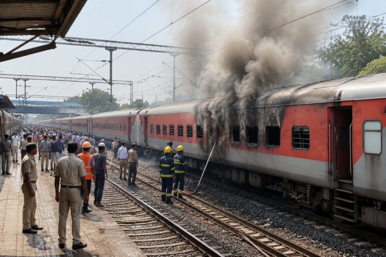 Train on a station platform with dark smoke billowing from a red passenger car as firefighters spray water on the blaze.