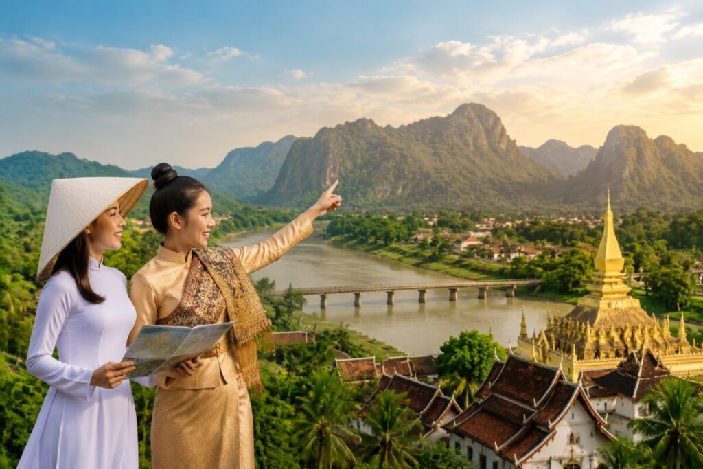 Two women in traditional Vietnamese dress hold a map as one points toward a golden pagoda and river valley.