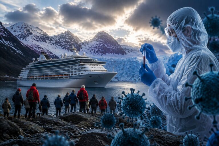 Group of hikers and a large cruise ship near icy mountains, with a researcher in PPE holding a vial and blue virus particles in the foreground, suggesting a health crisis at sea.