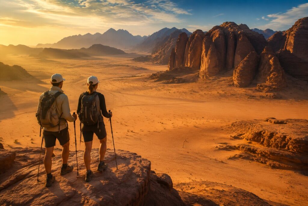 Two hikers with backpacks and trekking poles stand on a rocky ledge, watching a desert valley at sunset with jagged rock formations in the distance.