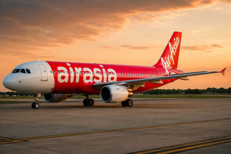 AirAsia red passenger plane on the tarmac at sunset, ready for takeoff or taxiing to the gate
