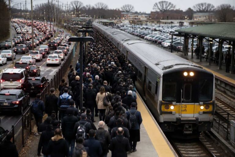 Crowded train platform with a silver commuter train and a long line of passengers boarding, adjacent to a traffic-filled street.