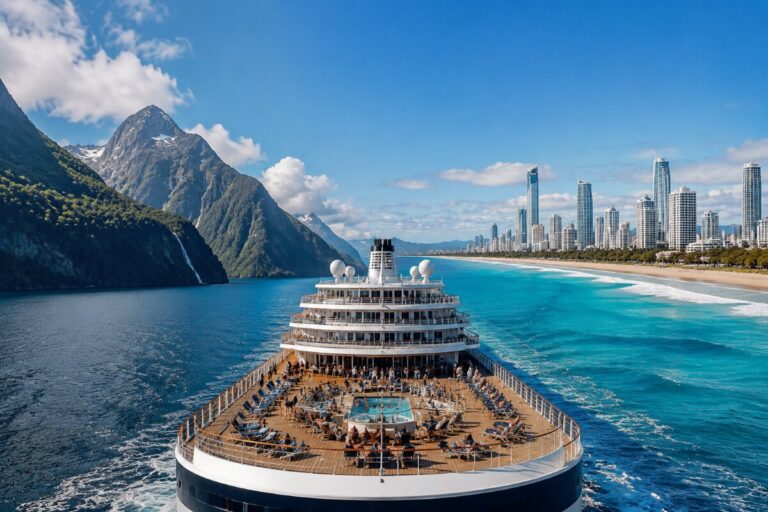 Cruise ship sails on turquoise water with mountains on the left and a skyline of tall buildings on the right under a blue sky.