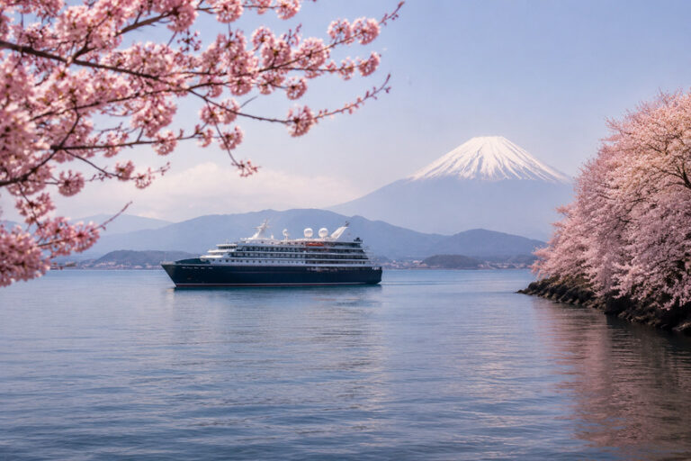 Cruise ship on a calm bay framed by pink cherry blossoms with Mount Fuji in the background.