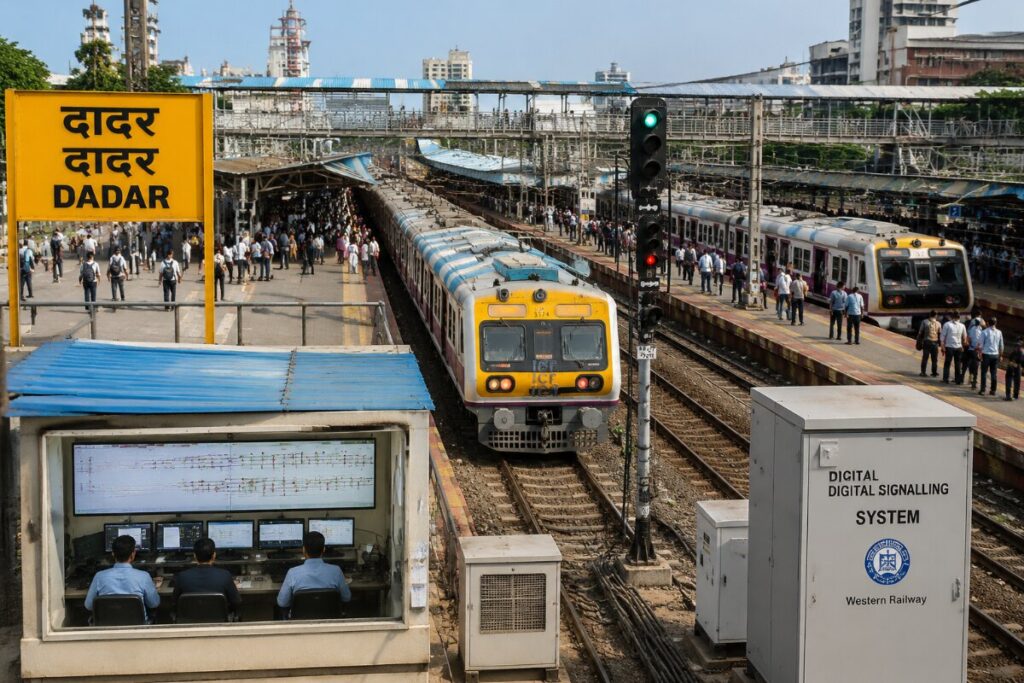Busy Dadar railway platform with a yellow train arriving, crowds on the platform and a signal post in the foreground.