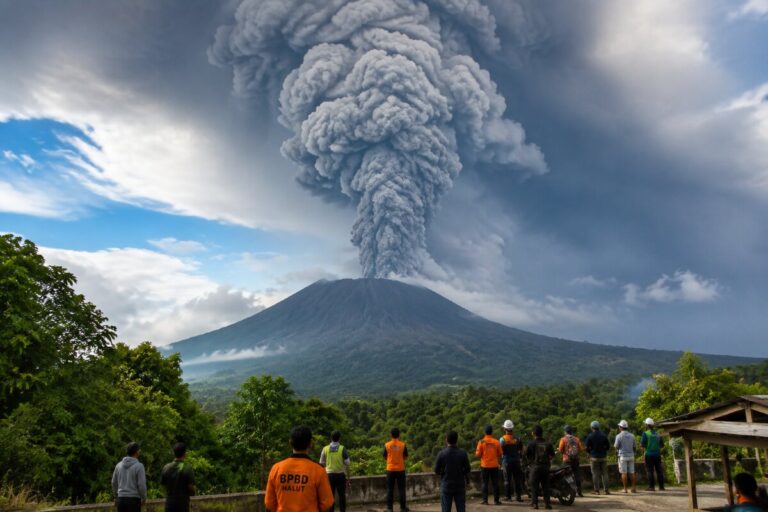 Volcano erupting with a dense ash plume rising above a forested valley; onlookers stand at a viewpoint in the foreground.