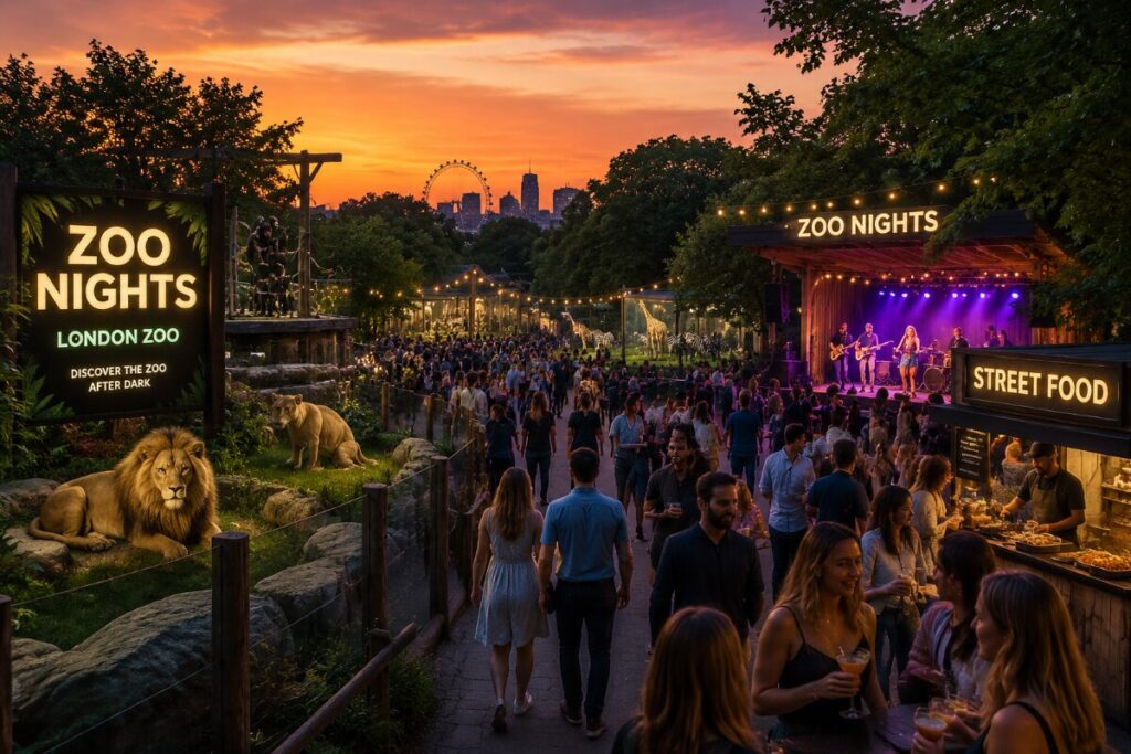 Sunset at London Zoo during Zoo Nights: a crowd strolls past eateries and a live band on stage, with string lights and a lion statue by a fenced animal habitat.