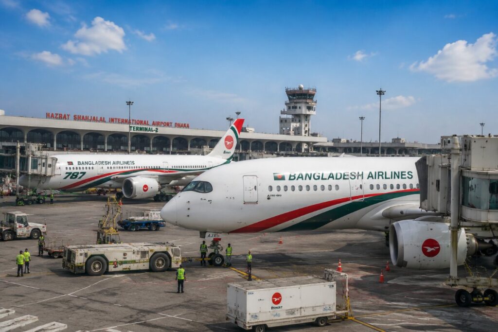 Bangladesh Airlines plane at a busy airport gate with ground crew and luggage carts nearby at Terminal-2, Dhaka