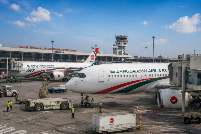 Bangladesh Airlines plane at a busy airport gate with ground crew and luggage carts nearby at Terminal-2, Dhaka