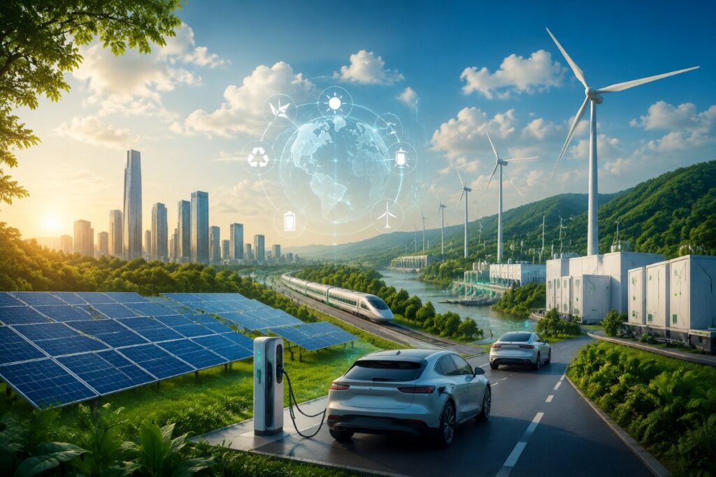 Electric car charging beside solar panels with wind turbines and a futuristic globe overlay over a city skyline, symbolizing clean energy transport.