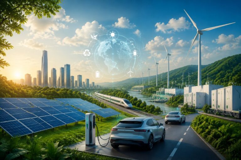 Electric car charging beside solar panels with wind turbines and a futuristic globe overlay over a city skyline, symbolizing clean energy transport.