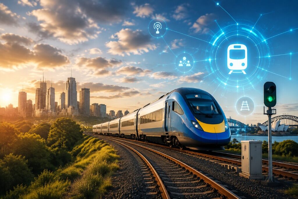 High-speed blue train on curved tracks by a sunset city skyline, with glowing digital network icons overhead.