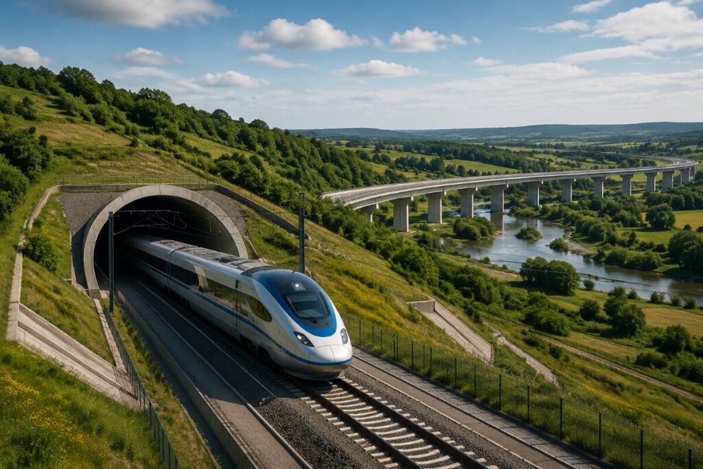 High-speed train emerging from a tunnel in a green hillside, with a long bridge over a river in the valley beyond
