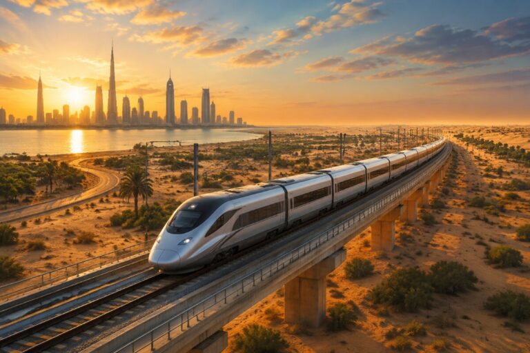 High-speed train gliding on an elevated track across a desert toward a skyline at sunset, Dubai in the distance.