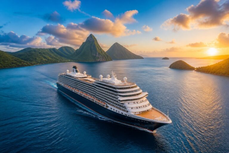 Cruise ship sailing past tropical islands at sunset with lush green mountains and calm blue water