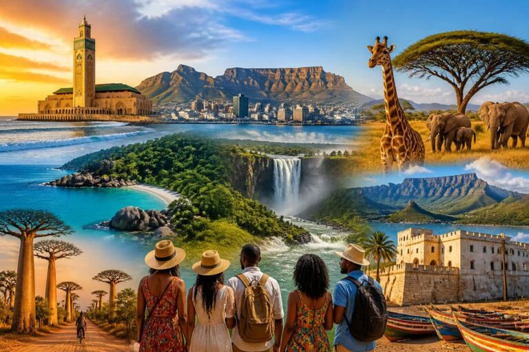 Collage of African travel landmarks: Table Mountain and Cape Town, giraffes and elephants on a savanna, a waterfall, beaches, and travelers exploring historic sites.