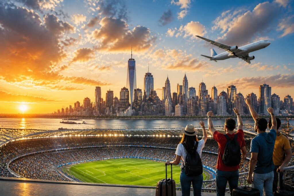 Fans with backpacks celebrate at a large stadium as a sunset city skyline and an airplane pass overhead.