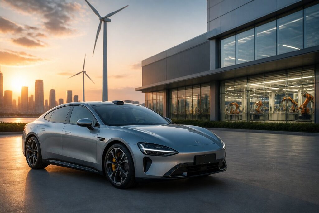 A silver electric sports sedan parked on a concrete lot at sunset, with a glass-front building and wind turbines in the background.