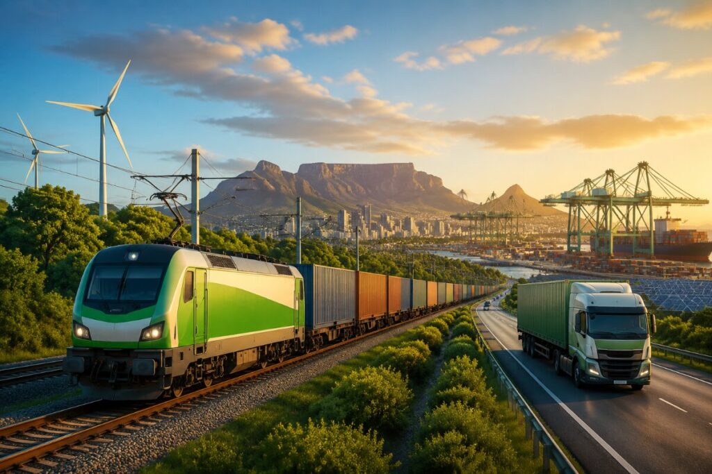 Freight train with colorful cargo containers on tracks beside a highway, with wind turbines and Table Mountain in the distance at sunset.