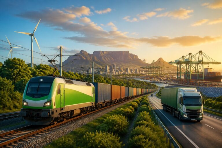 Freight train with colorful cargo containers on tracks beside a highway, with wind turbines and Table Mountain in the distance at sunset.