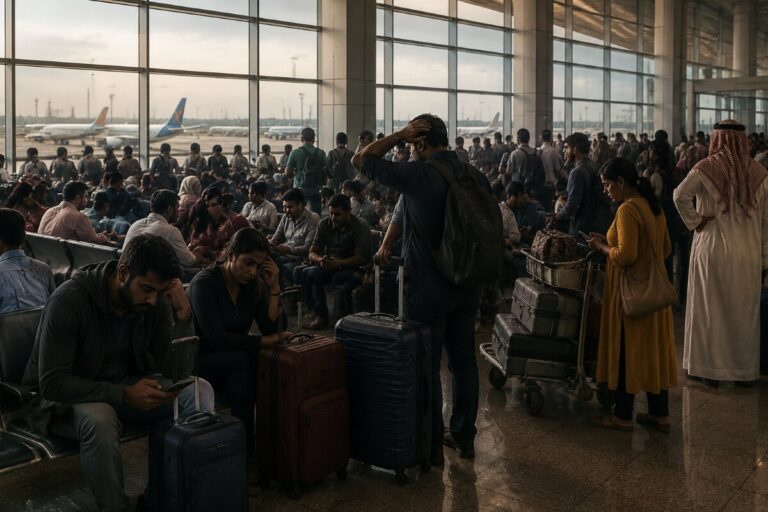 Crowded airport terminal with passengers seated and standing, many with rolling suitcases, waiting near large windows.