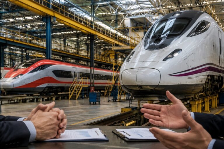 Two high-speed trains in a maintenance hangar as professionals discuss on a table with folders, indicating a business/technical negotiation about rail equipment.