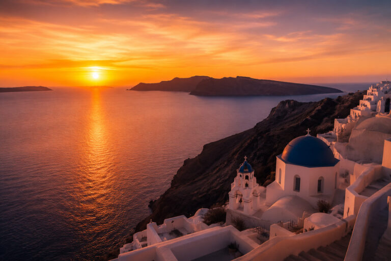 Sunset over the Aegean Sea viewed from white-washed buildings with blue domes in Santorini, Greece.