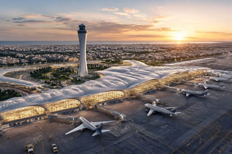A modern airport terminal with a tall control tower at sunset, with several airplanes parked at gates.
