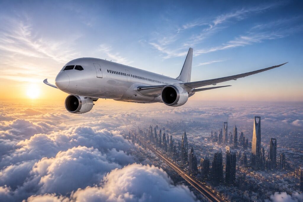 White passenger jet flying above a city skyline at sunrise, with clouds below.