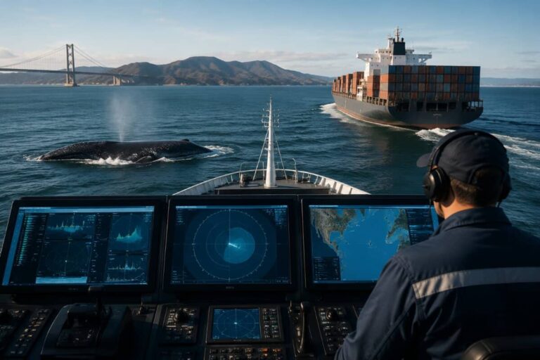 Crewbed cockpit view while a whale surfaces nearby; container ship on the right and a distant bridge visible.