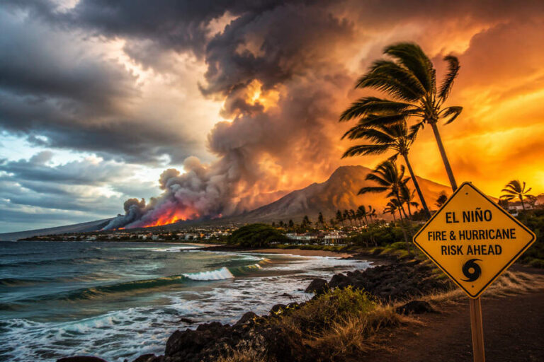 Volcanic eruption near the coast at sunset, with palm trees and a warning sign reading 'El Niño Fire & Hurricane Risk Ahead'