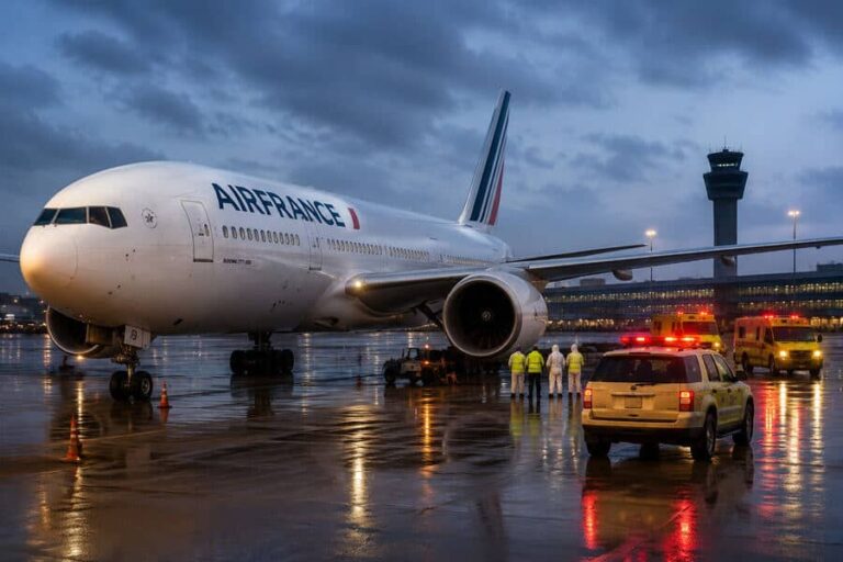 Air France plane on a wet tarmac at dusk with ground crew and emergency vehicles nearby