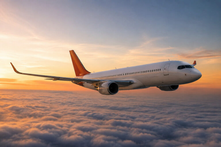 Airplane flying above orange sunset and a sea of clouds.