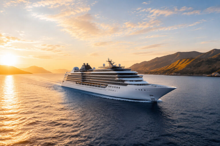 Cruise ship sailing near a rocky coastline at sunset with golden water and calm seas in the background, mountains on shore.",