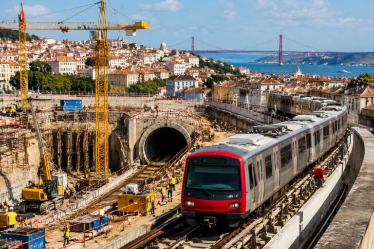 Passenger train on a curved track beside a large tunnel under construction, with yellow cranes and a hillside city in the background at the harbor.