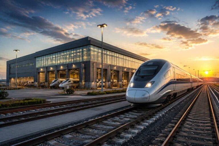 High-speed train at a modern glass-front station at sunset, with tracks and platform lights.