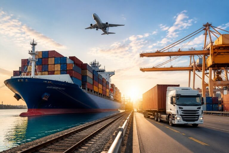Container ship at a port with stacked colorful cargo containers, a white truck, cranes, and an airplane above.