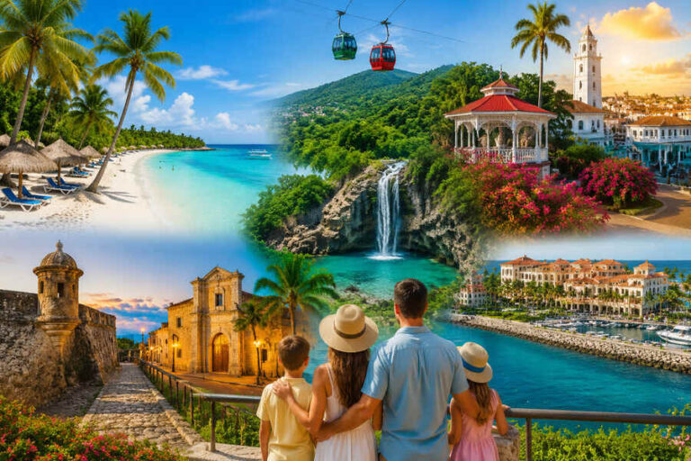 Family overlooks a collage of tropical scenes: sunny beach, turquoise water, waterfall, gazebo and resort town skyline, all connected by a coastal view.