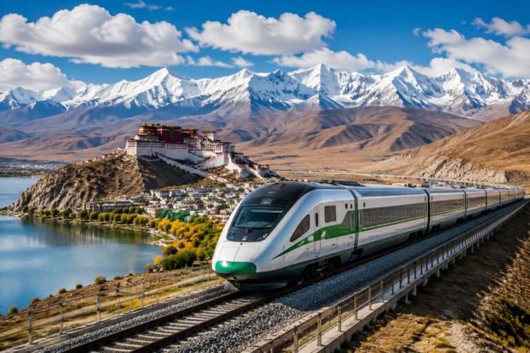 High-speed train travels along an elevated track beside a lake, with a hillside fortress and snow-capped mountains beyond.
