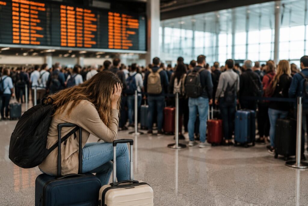 Woman sitting on a suitcase in a busy airport, her head in her hands, looking stressed as others queue with luggage behind her.