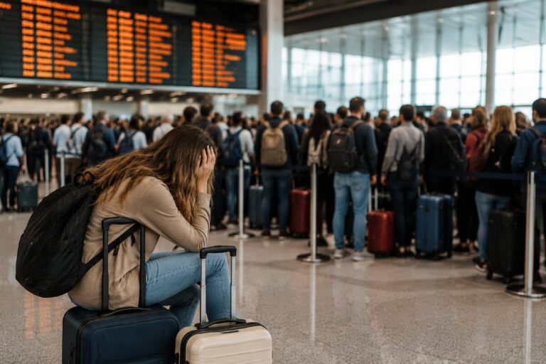 Woman sitting on a suitcase in a busy airport, her head in her hands, looking stressed as others queue with luggage behind her.