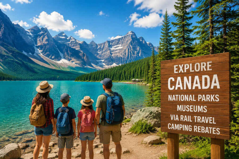 Family of four with backpacking gear stands by a bright blue alpine lake, mountains in the distance and a wooden 'Explore Canada' sign nearby.