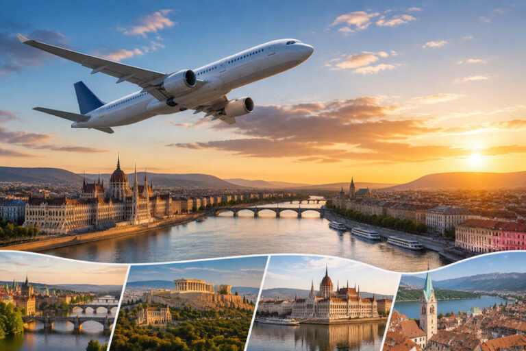 Airplane soaring above a riverside European city at sunset, with a domed Basilica and bridges.