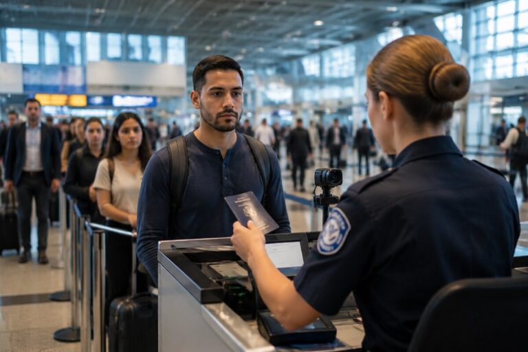 Traveler with a backpack hands a passport to a security officer at an airport checkpoint as others wait in line behind him. User: informative scene of passport control.