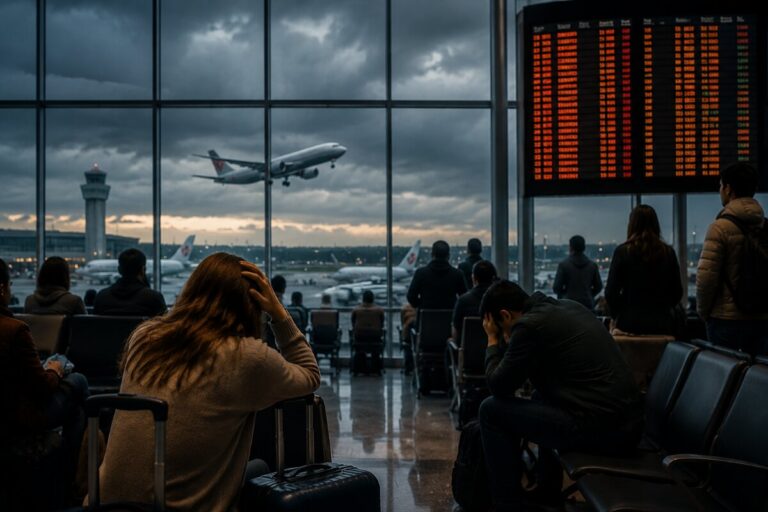 Passengers waiting in an airport terminal as a plane takes off outside the glass walls, with a glowing departure board nearby.